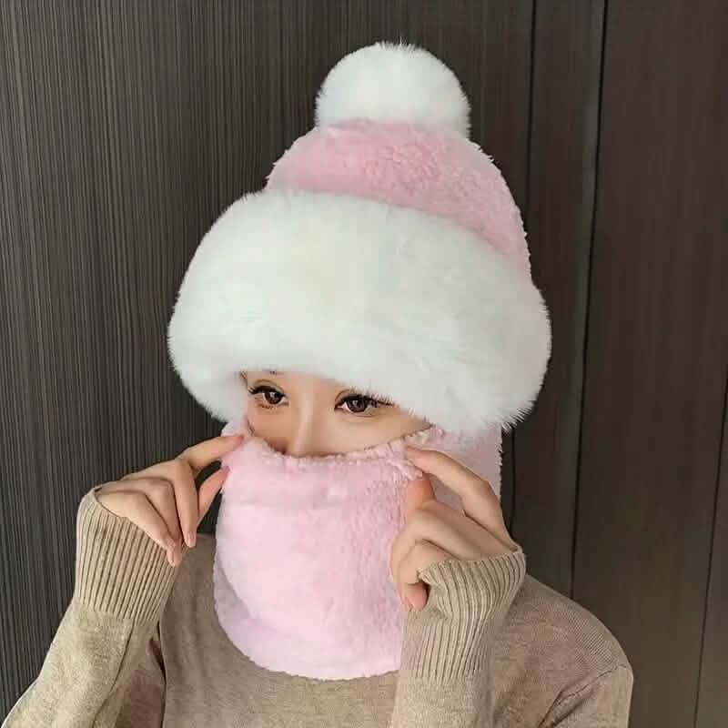 Solid Color Thickened Plush Neck Gaiter Mask Windproof Hooded Ear Protection Windproof Ski Hat Pink Hats - Tophatter Daily Deals