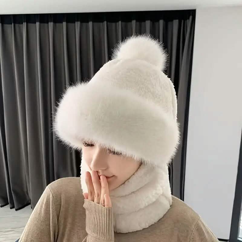 Solid Color Thickened Plush Neck Gaiter Mask Windproof Hooded Ear Protection Windproof Ski Hat White Hats - Tophatter Daily Deals