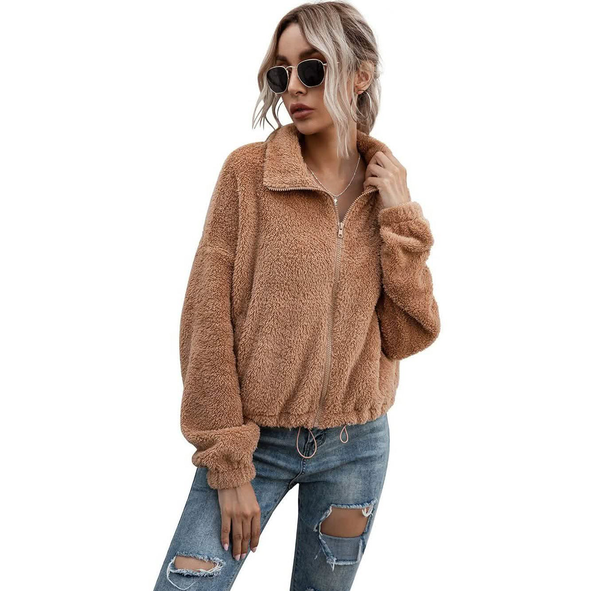 Solid Drawstring Hem Crop Teddy Jacket Camel Women's Outerwear - Tophatter Daily Deals