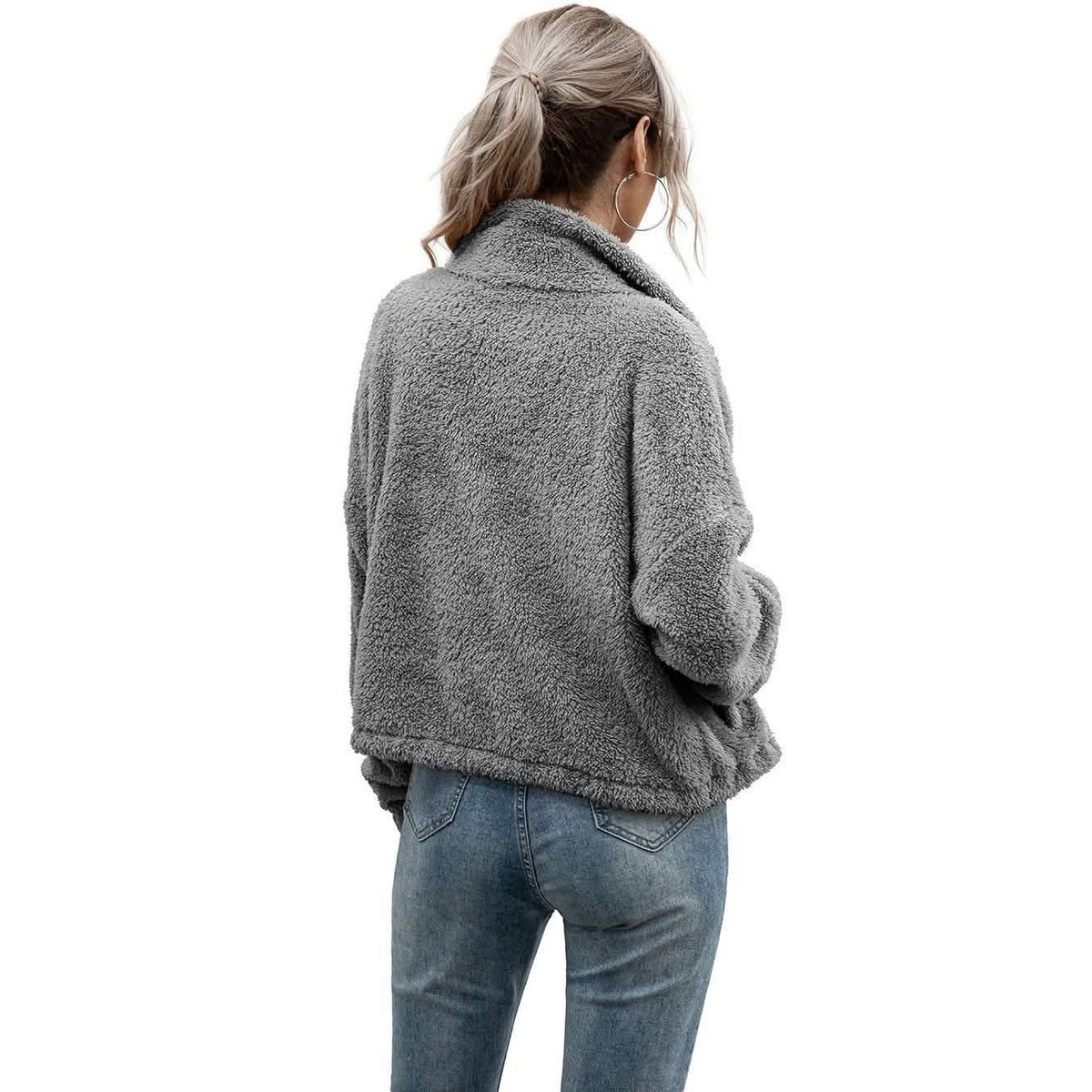 Solid Drawstring Hem Crop Teddy Jacket Women's Outerwear - Tophatter Daily Deals