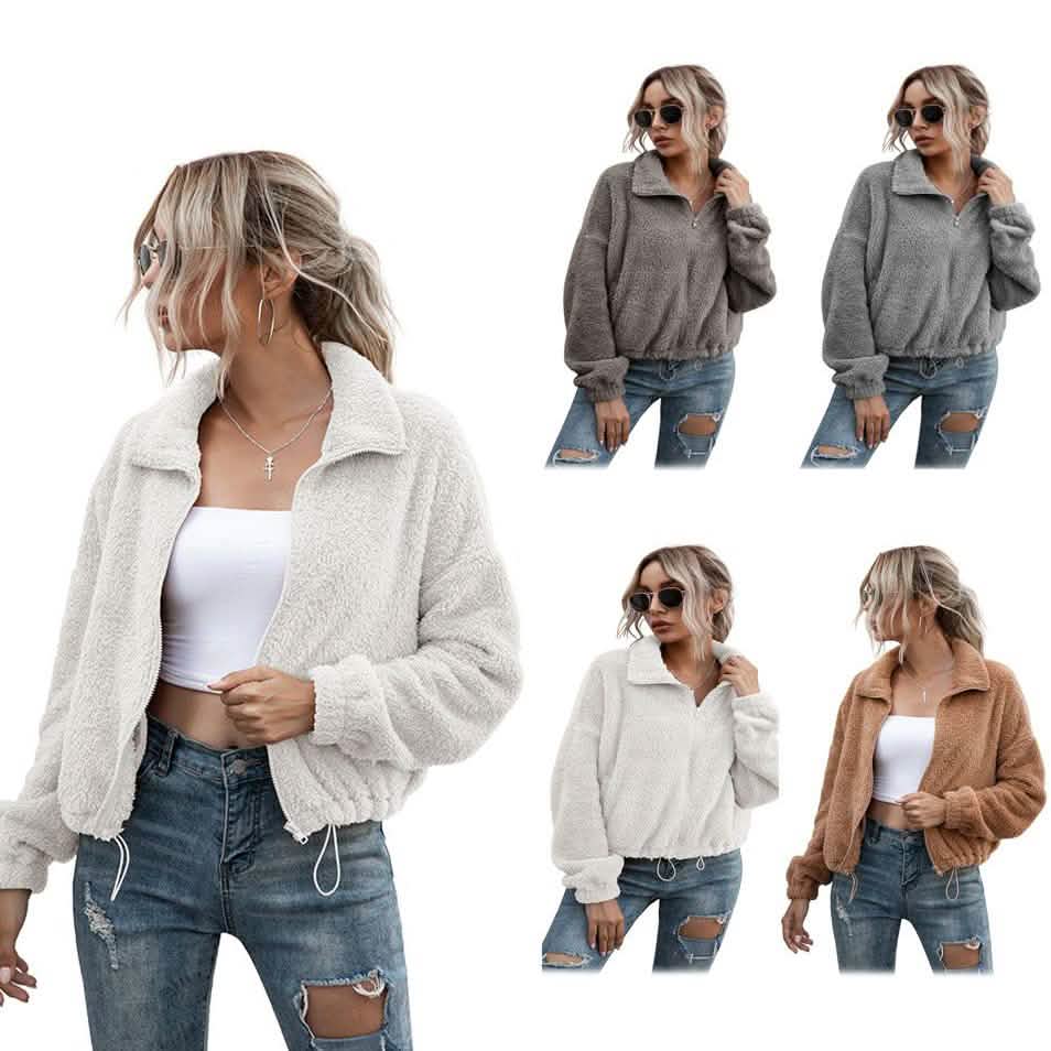 Solid Drawstring Hem Crop Teddy Jacket Women's Outerwear - Tophatter Daily Deals