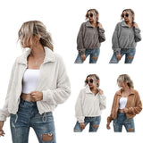 Solid Drawstring Hem Crop Teddy Jacket Women's Outerwear - Tophatter Daily Deals