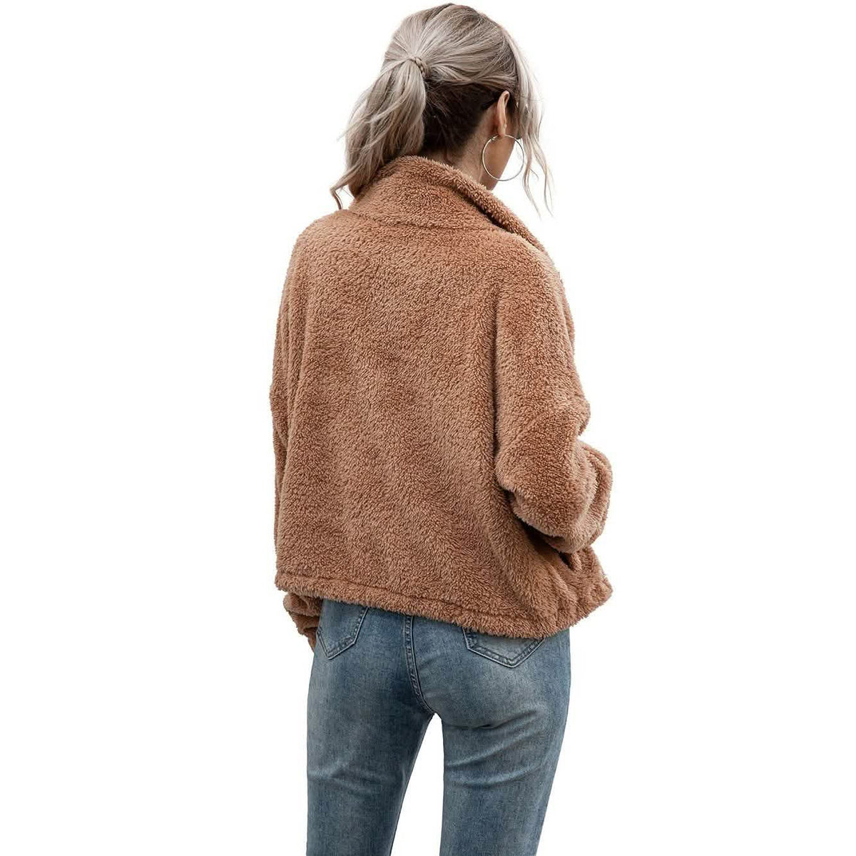 Solid Drawstring Hem Crop Teddy Jacket Women's Outerwear - Tophatter Daily Deals