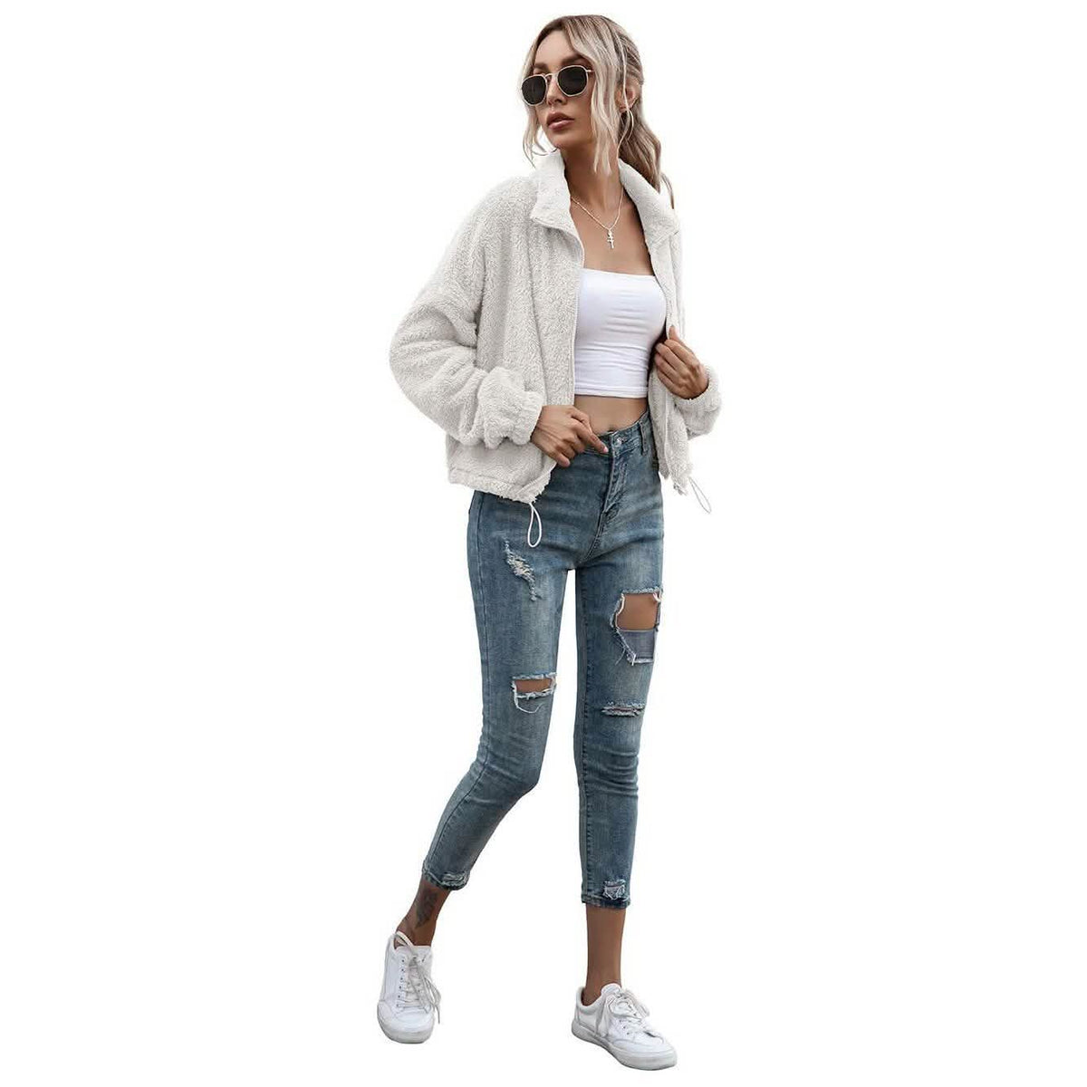 Solid Drawstring Hem Crop Teddy Jacket Women's Outerwear - Tophatter Daily Deals