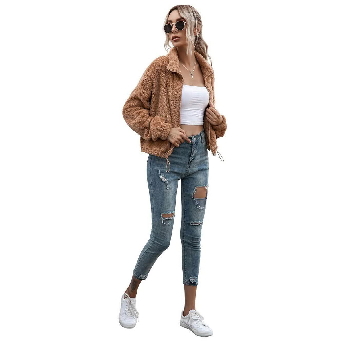 Solid Drawstring Hem Crop Teddy Jacket Women's Outerwear - Tophatter Daily Deals