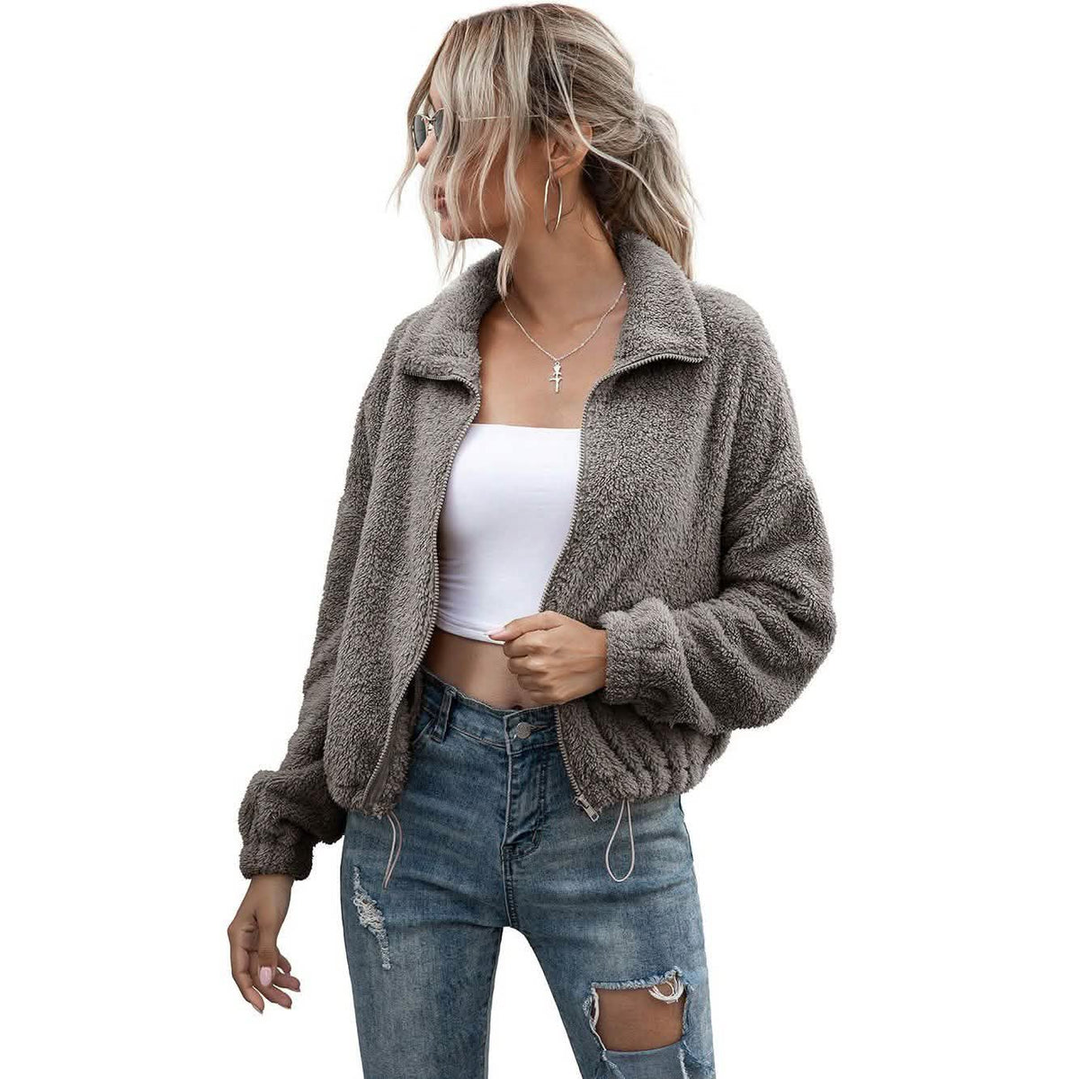 Solid Drawstring Hem Crop Teddy Jacket Women's Outerwear - Tophatter Daily Deals