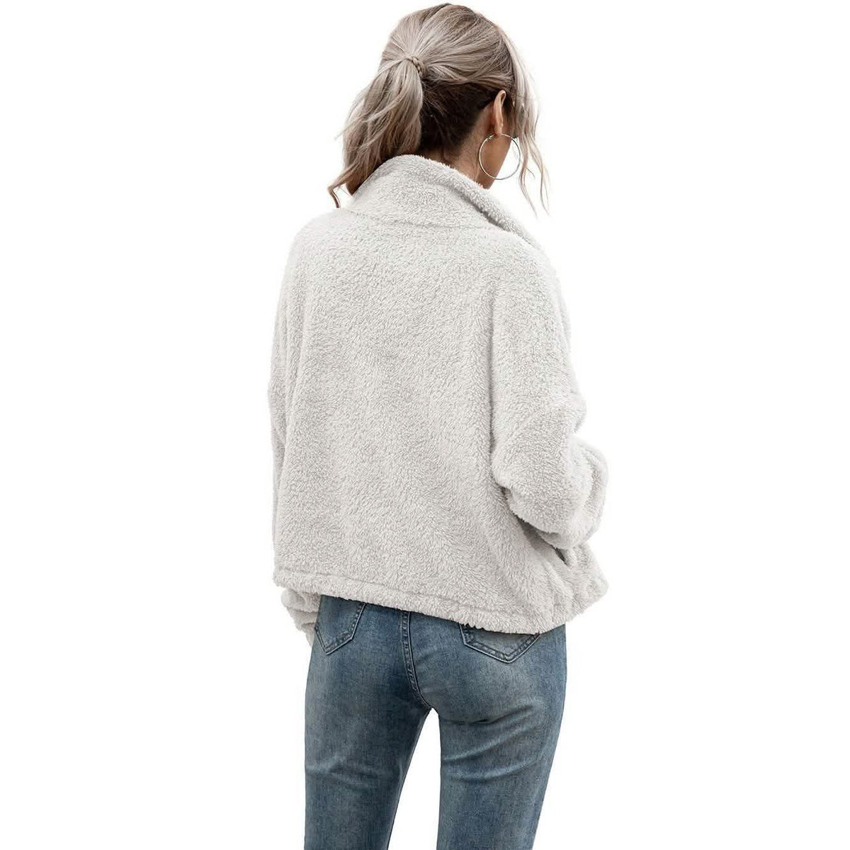 Solid Drawstring Hem Crop Teddy Jacket Women's Outerwear - Tophatter Daily Deals