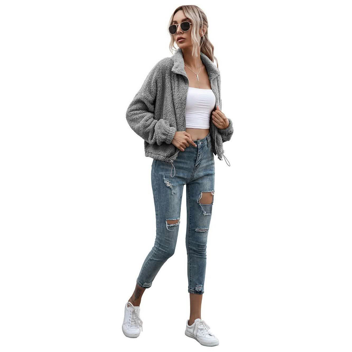 Solid Drawstring Hem Crop Teddy Jacket Women's Outerwear - Tophatter Daily Deals