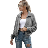 Solid Drawstring Hem Crop Teddy Jacket Women's Outerwear - Tophatter Daily Deals