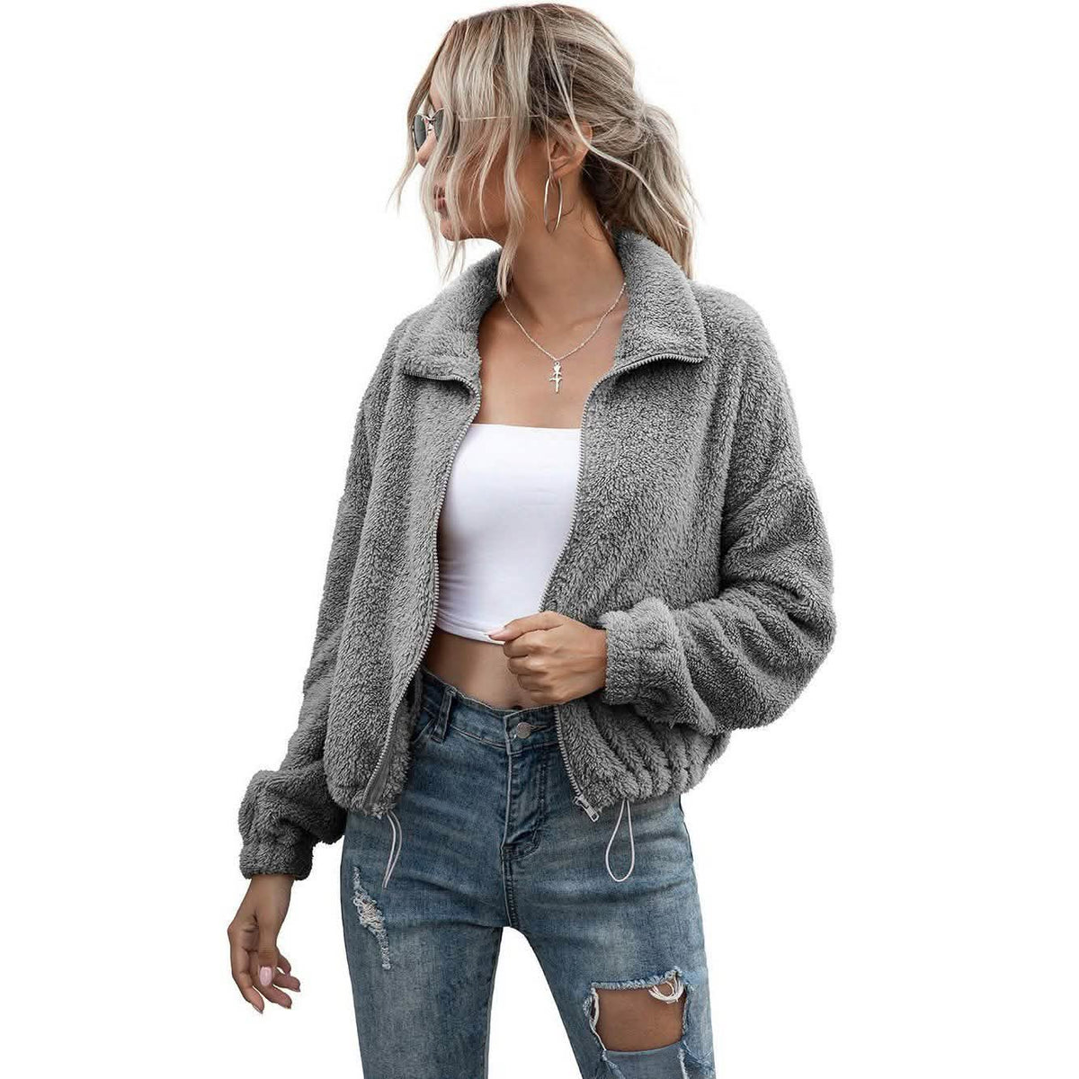 Solid Drawstring Hem Crop Teddy Jacket Women's Outerwear - Tophatter Daily Deals