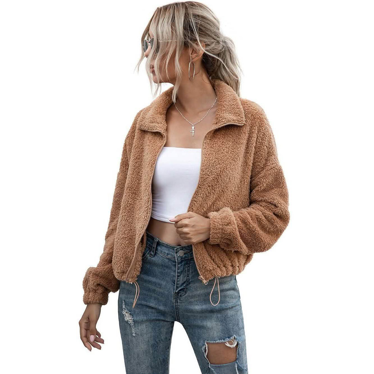 Solid Drawstring Hem Crop Teddy Jacket Women's Outerwear - Tophatter Daily Deals