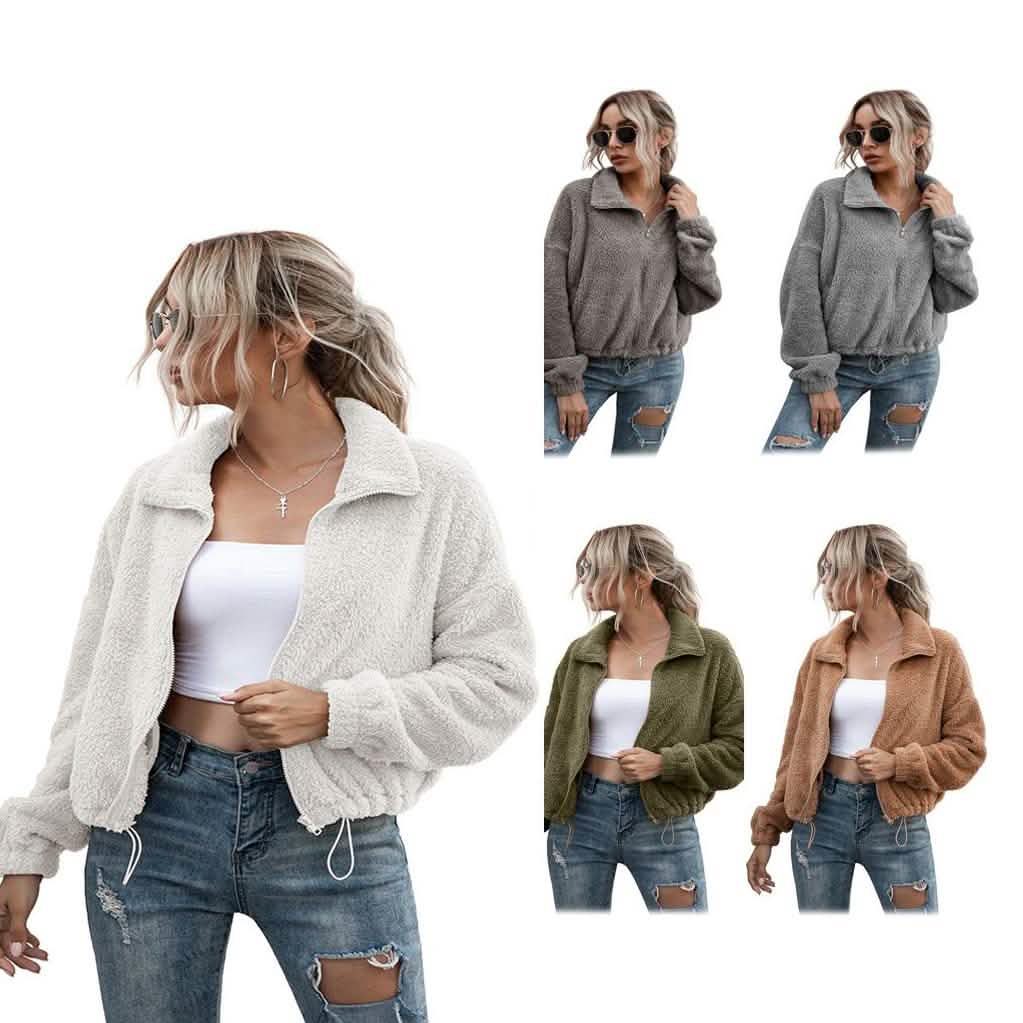 Solid Drawstring Hem Crop Teddy Jacket Women's Outerwear - Tophatter Daily Deals