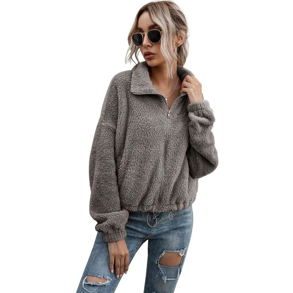 Solid Drawstring Hem Crop Teddy Jacket Dark Gray Women's Outerwear - Tophatter Daily Deals