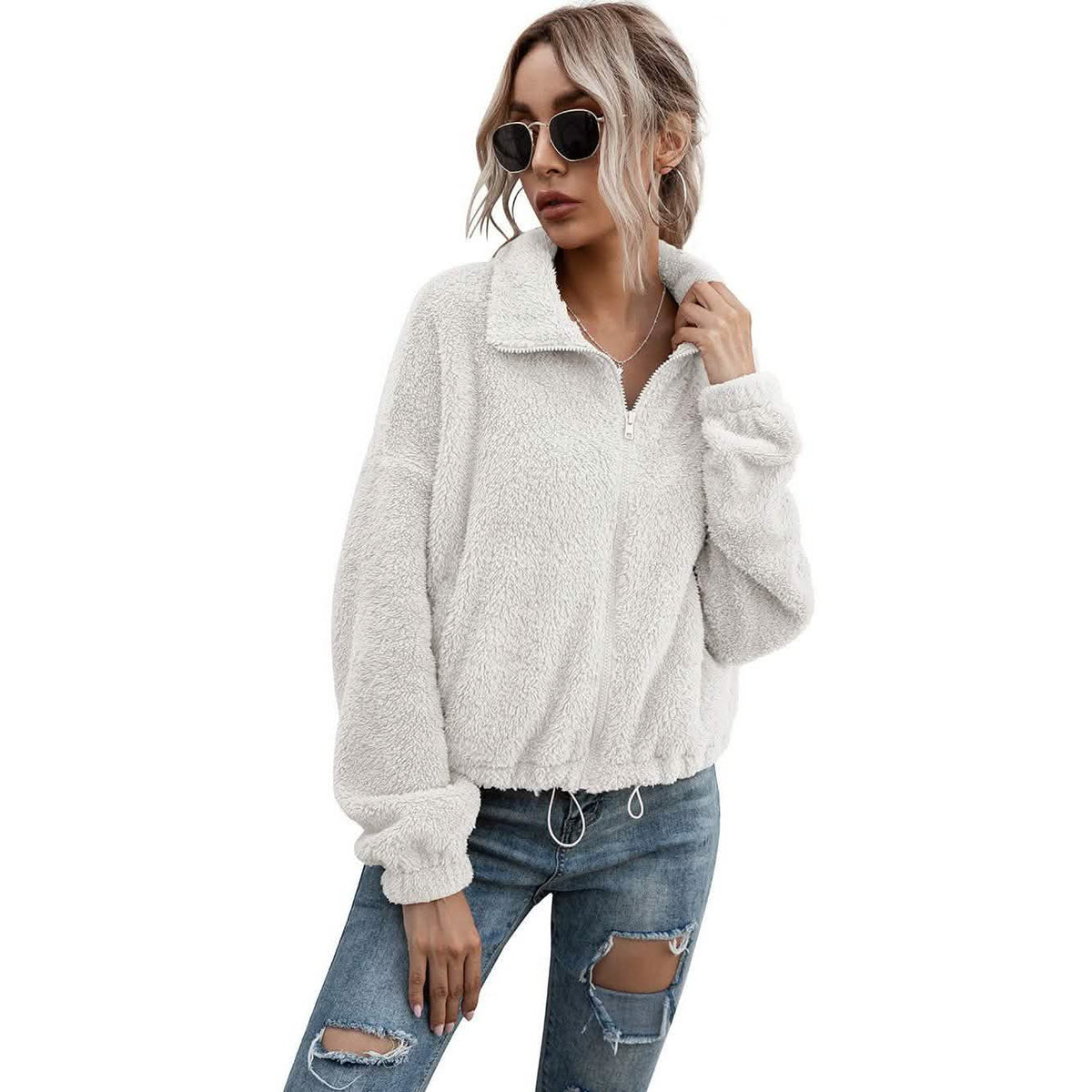 Solid Drawstring Hem Crop Teddy Jacket White Women's Outerwear - Tophatter Daily Deals