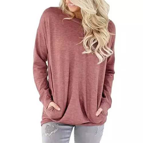 Solid Long Sleeve Shirt Red Women's Tops - Tophatter Daily Deals