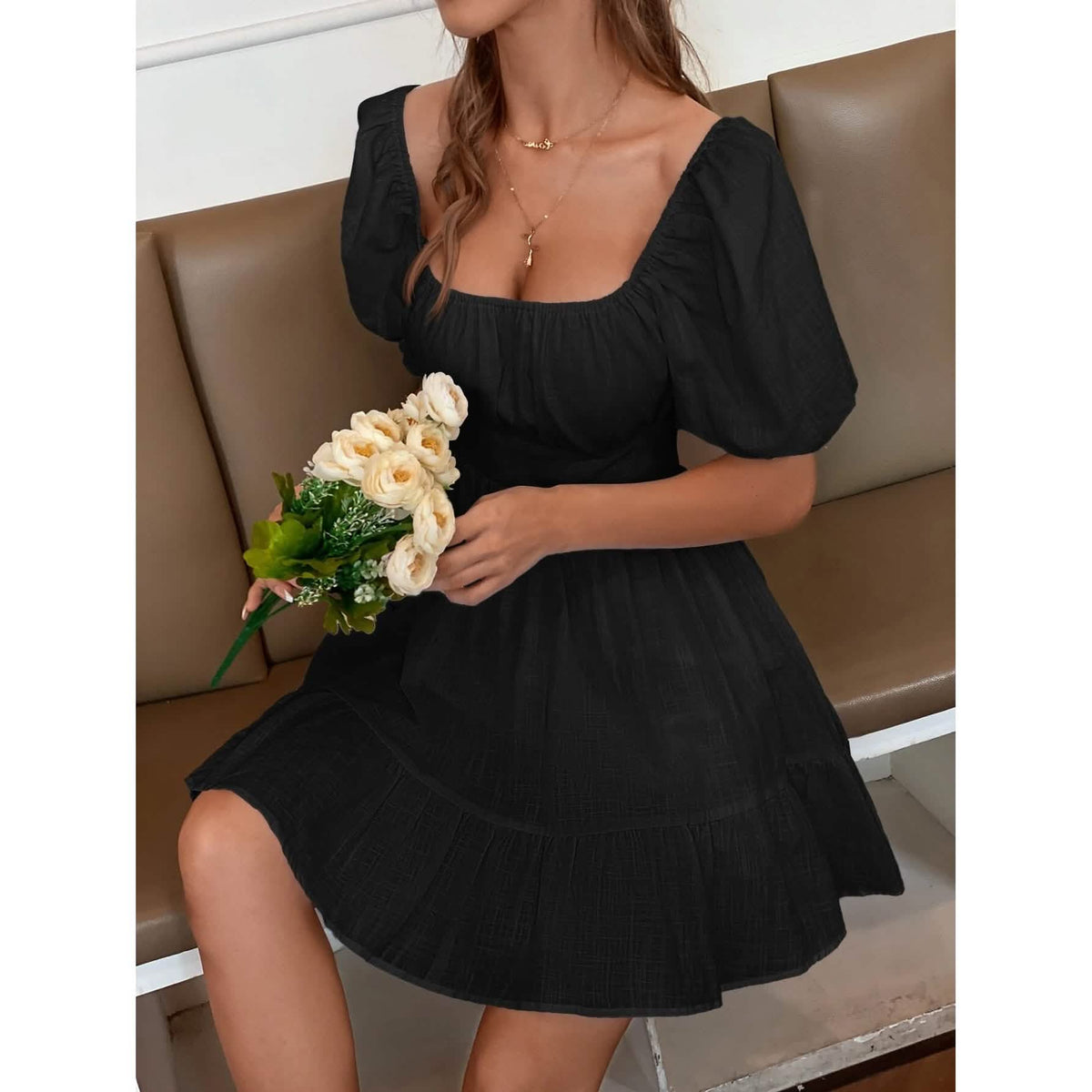 Solid Tie Back Flounce Hem Dress Women's Dresses - Tophatter Daily Deals