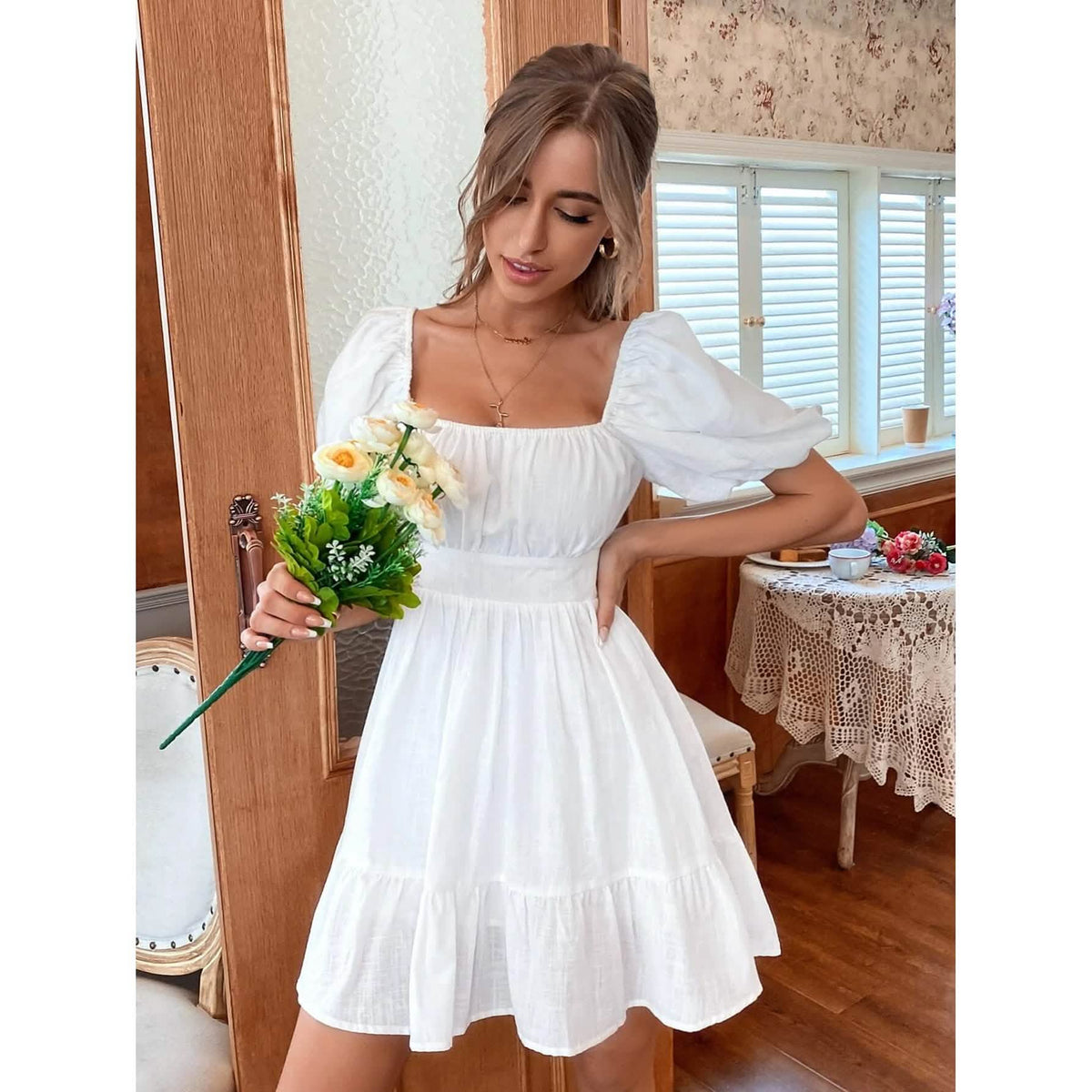 Solid Tie Back Flounce Hem Dress Women's Dresses - Tophatter Daily Deals