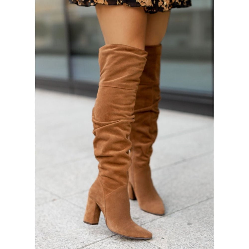 Supportive Women Thigh-High Boots - Slouchy, Suede Autumn Brown - Tophatter Daily Deals