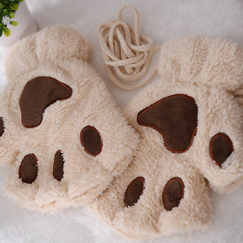 Soft Cozy Women Fingerless Gloves - Cat-Claw Fleece Winter Beige - Tophatter Daily Deals