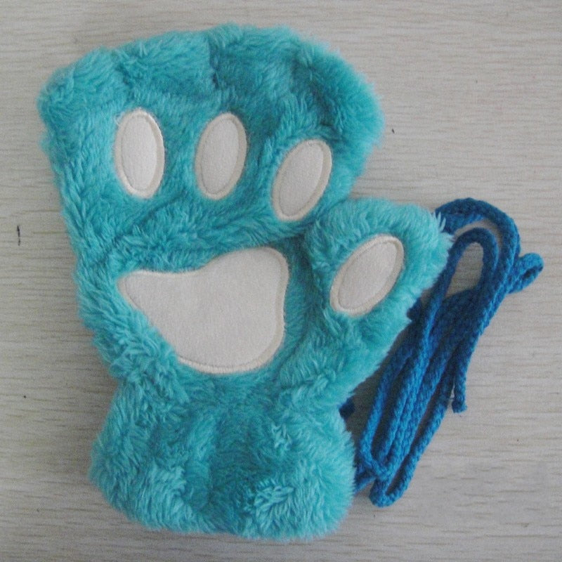 Soft Cozy Women Fingerless Gloves - Cat-Claw Fleece Winter Blue - Tophatter Daily Deals