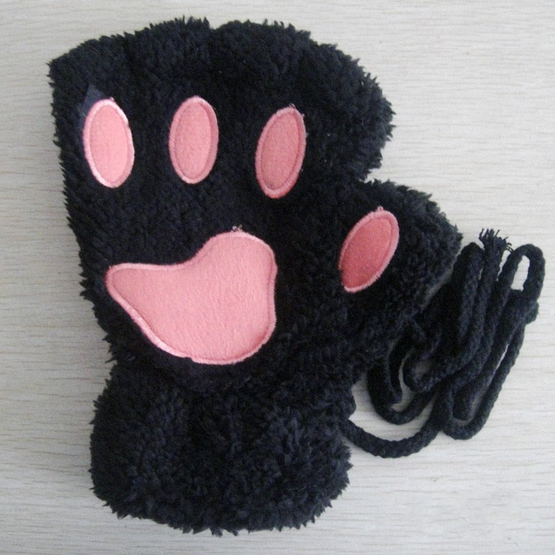 Soft Cozy Women Fingerless Gloves - Cat-Claw Fleece Winter Black - Tophatter Daily Deals