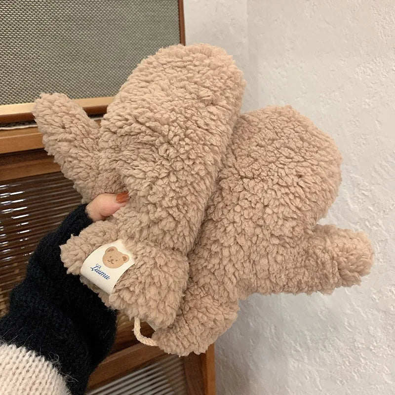 Warm Women’s Teddy Mittens - Chunky Sherpa Plush, Winter Khaki A - Tophatter Daily Deals