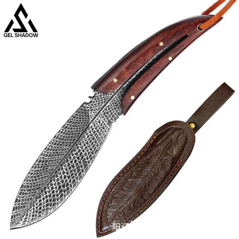 Spirit Feather Stright Knife With Leather Sheath-GS125 Plume Pocket Knives - Tophatter Daily Deals