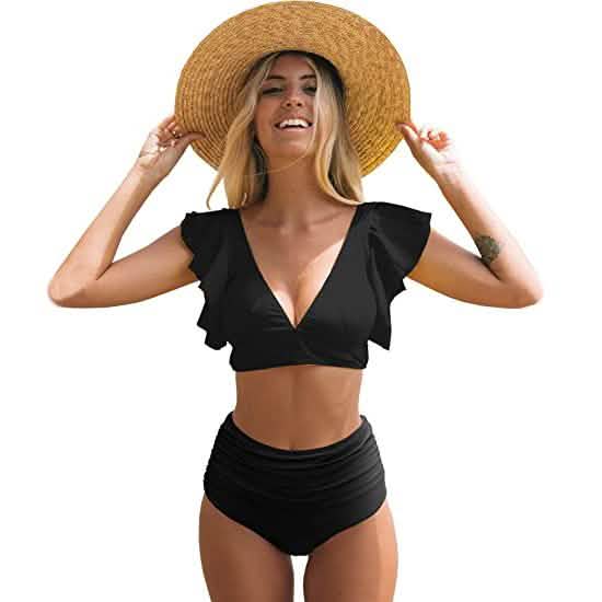 Sporlike Women Ruffle High Waist Swimsuit Black Women's Swimwear - Tophatter Daily Deals