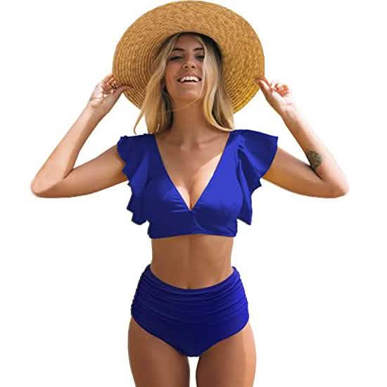 Sporlike Women Ruffle High Waist Swimsuit Blue Women's Swimwear - Tophatter Daily Deals