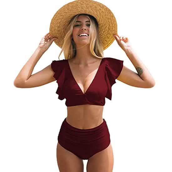 Sporlike Women Ruffle High Waist Swimsuit Red Women's Swimwear - Tophatter Daily Deals