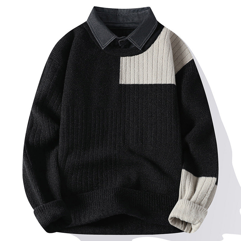 Spring Autumn Fake Two Piece Knit Pullovers Knitted Sweater Black Men's Clothing - Tophatter Daily Deals