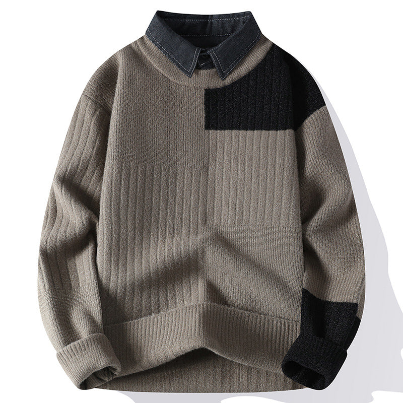 Spring Autumn Fake Two Piece Knit Pullovers Knitted Sweater Khaki Men's Clothing - Tophatter Daily Deals