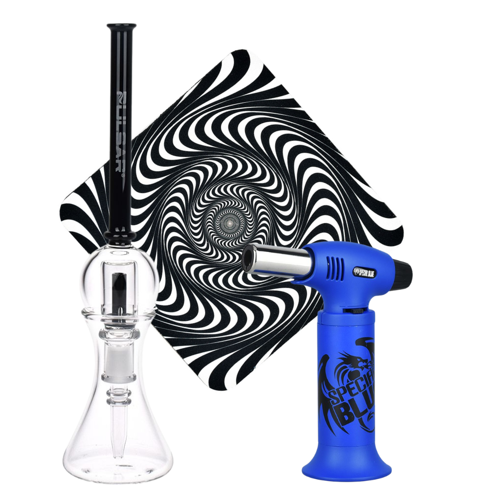 Spun Splendid Vapor Vessel, Torch, & Dab Mat Bundle Opaque Black Glass Special Cobalt Blue Sale Bundles - Tophatter Daily Deals