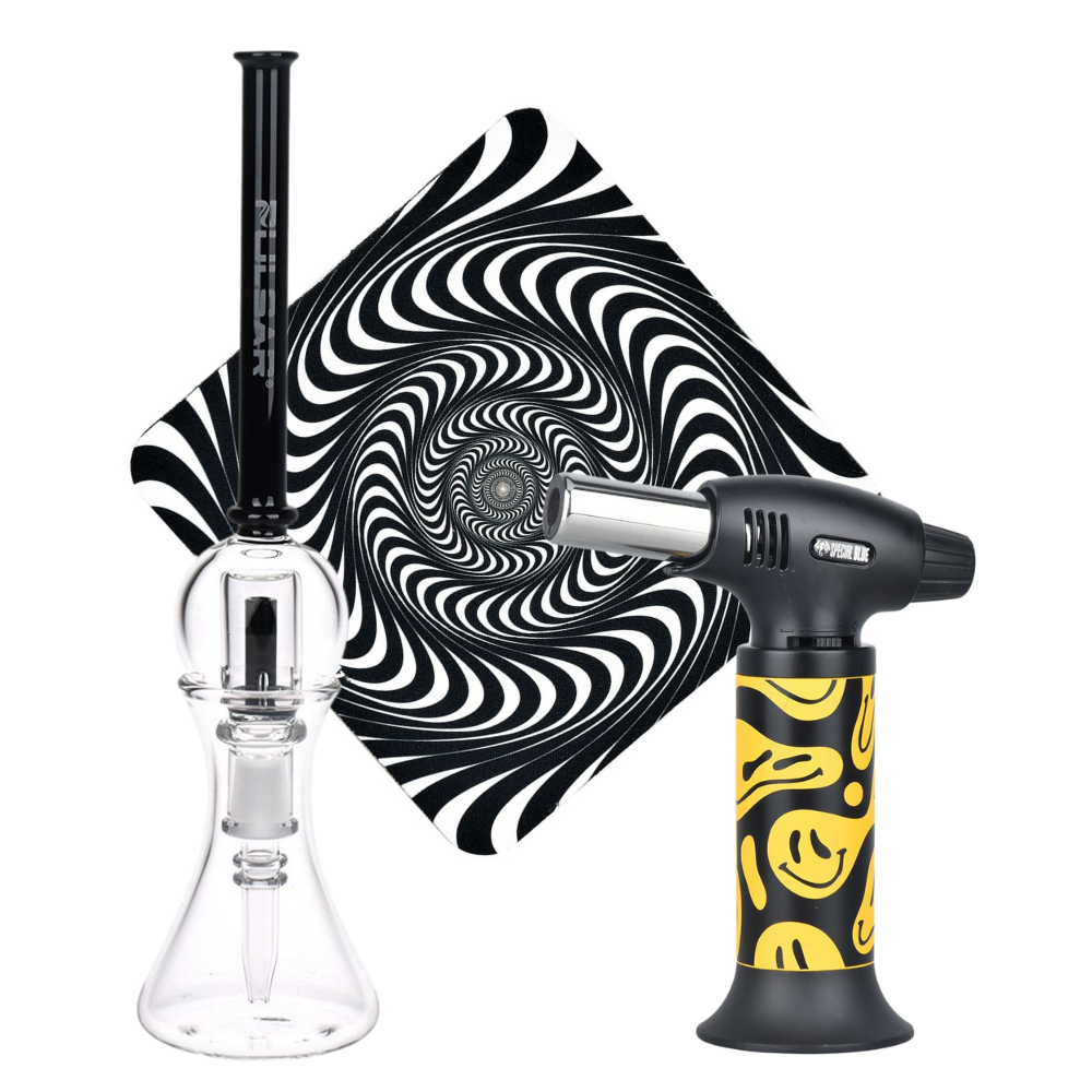 Spun Splendid Vapor Vessel, Torch, & Dab Mat Bundle Opaque Black Glass Special Smiley Sale Bundles - Tophatter Daily Deals
