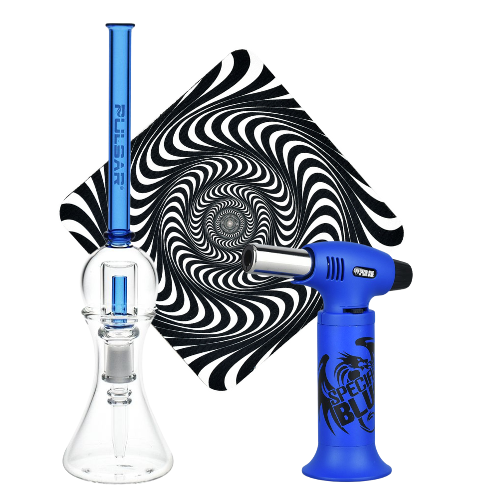 Spun Splendid Vapor Vessel, Torch, & Dab Mat Bundle Transparent Blue Glass Special Cobalt Blue Sale Bundles - Tophatter Daily Deals