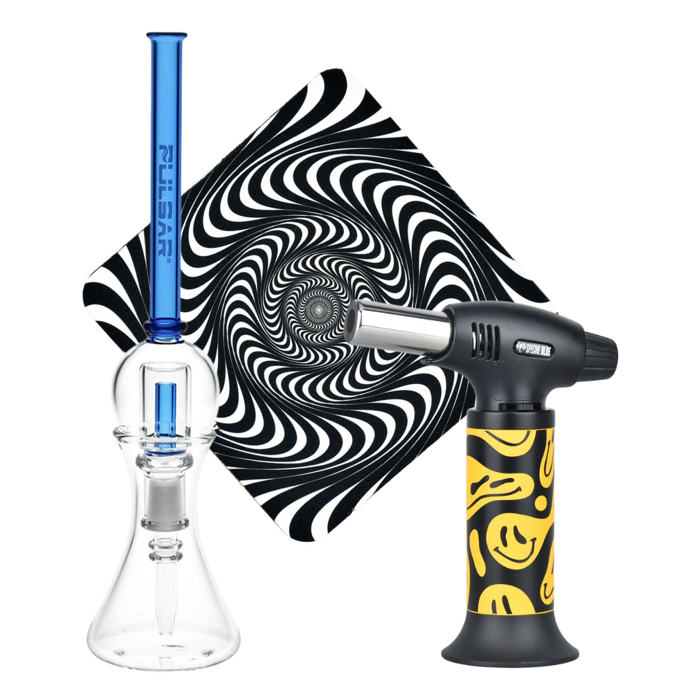 Spun Splendid Vapor Vessel, Torch, & Dab Mat Bundle Transparent Blue Glass Special Smiley Sale Bundles - Tophatter Daily Deals