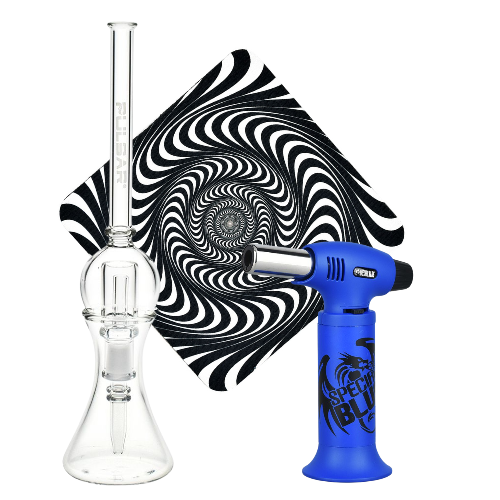 Spun Splendid Vapor Vessel, Torch, & Dab Mat Bundle Transparent Clear Glass Special Cobalt Blue Sale Bundles - Tophatter Daily Deals