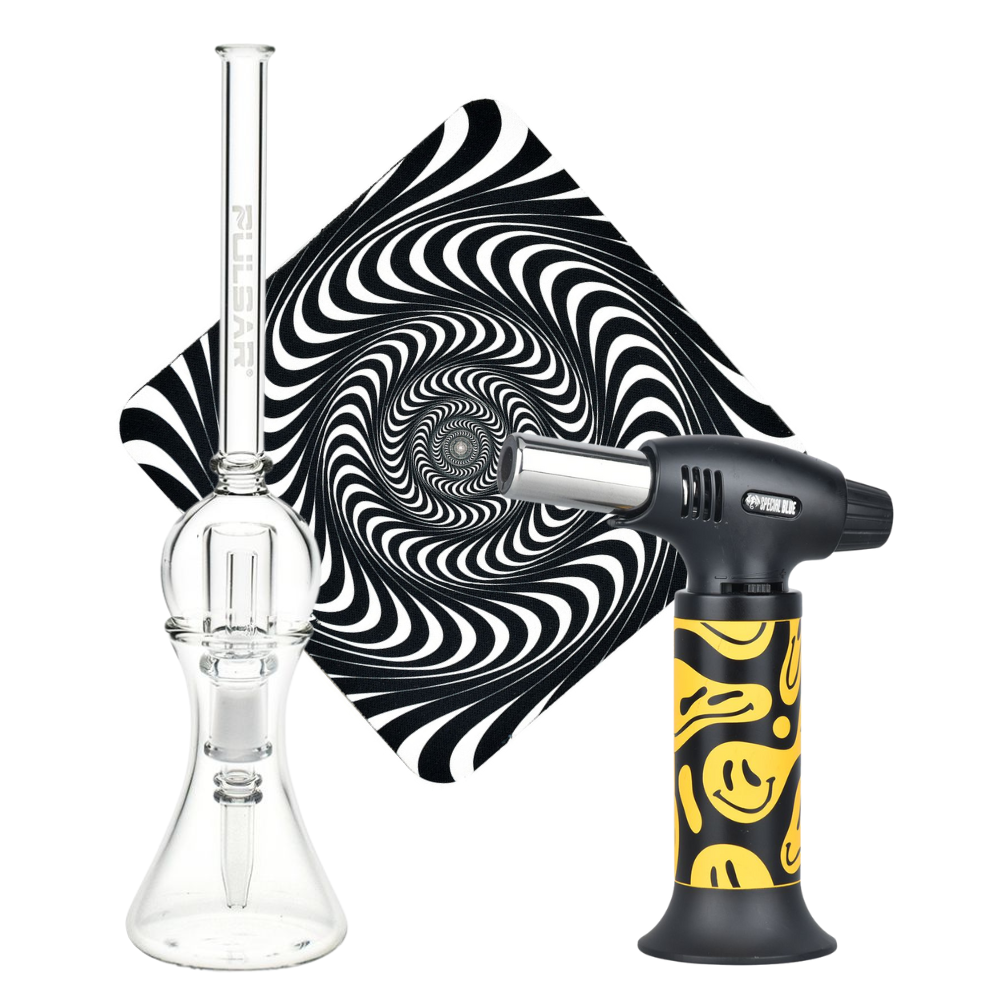 Spun Splendid Vapor Vessel, Torch, & Dab Mat Bundle Transparent Clear Glass Special Smiley Sale Bundles - Tophatter Daily Deals