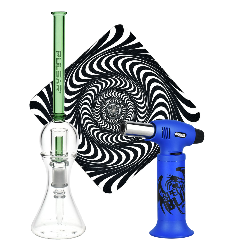 Spun Splendid Vapor Vessel, Torch, & Dab Mat Bundle Transparent Green Glass Special Cobalt Blue Sale Bundles - Tophatter Daily Deals
