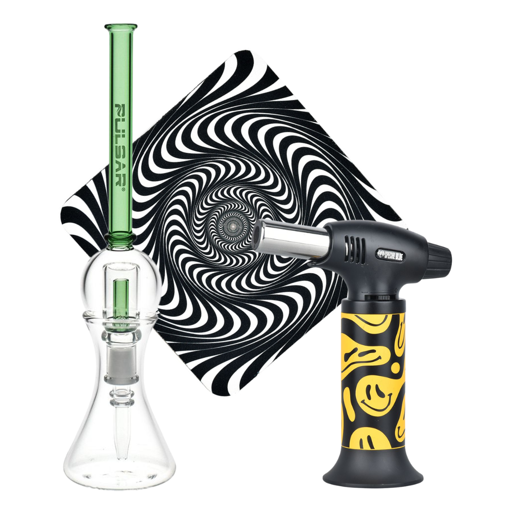 Spun Splendid Vapor Vessel, Torch, & Dab Mat Bundle Transparent Green Glass Special Smiley Sale Bundles - Tophatter Daily Deals