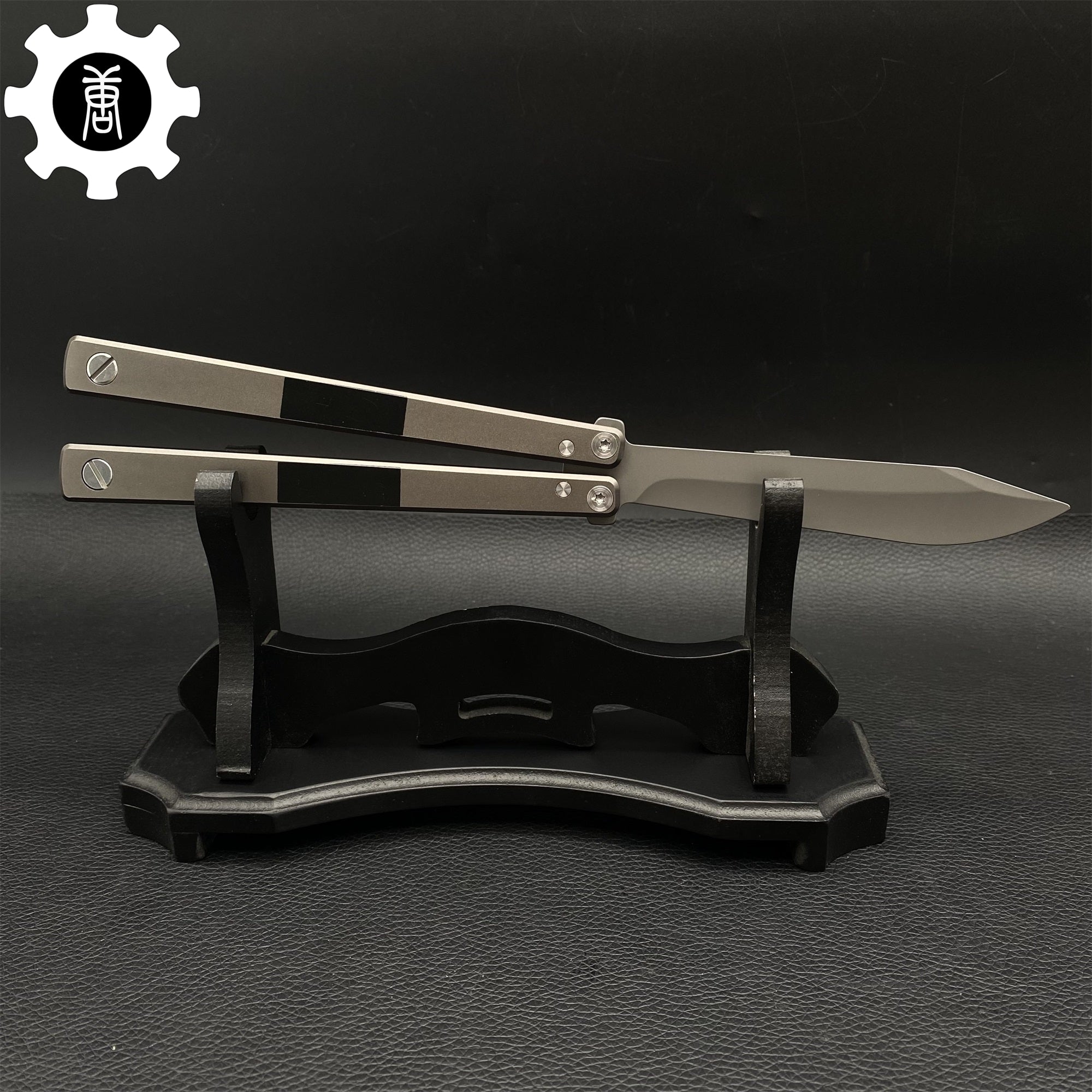 High-End TF2 Spy Knife Balisong Trainer-Blunt Blade Spy Knife Grey & Wood Stand - Tophatter Daily Deals