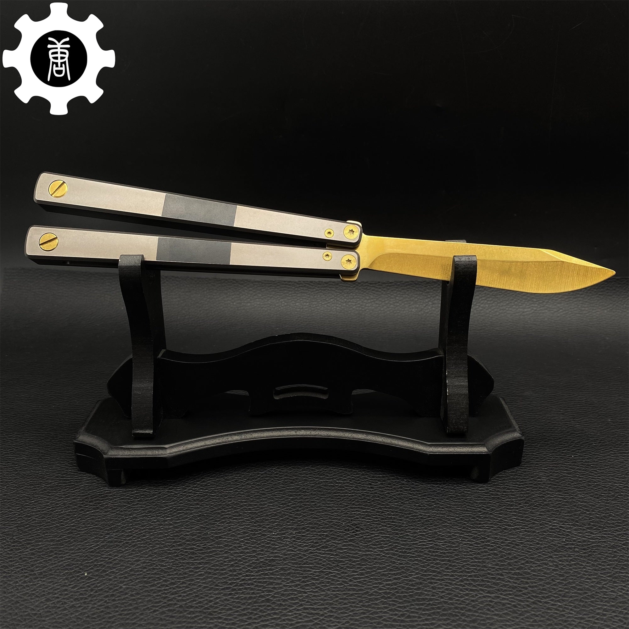 High-End TF2 Spy Knife Balisong Trainer-Blunt Blade Spy Knife Golden & Wooden Stand - Tophatter Daily Deals