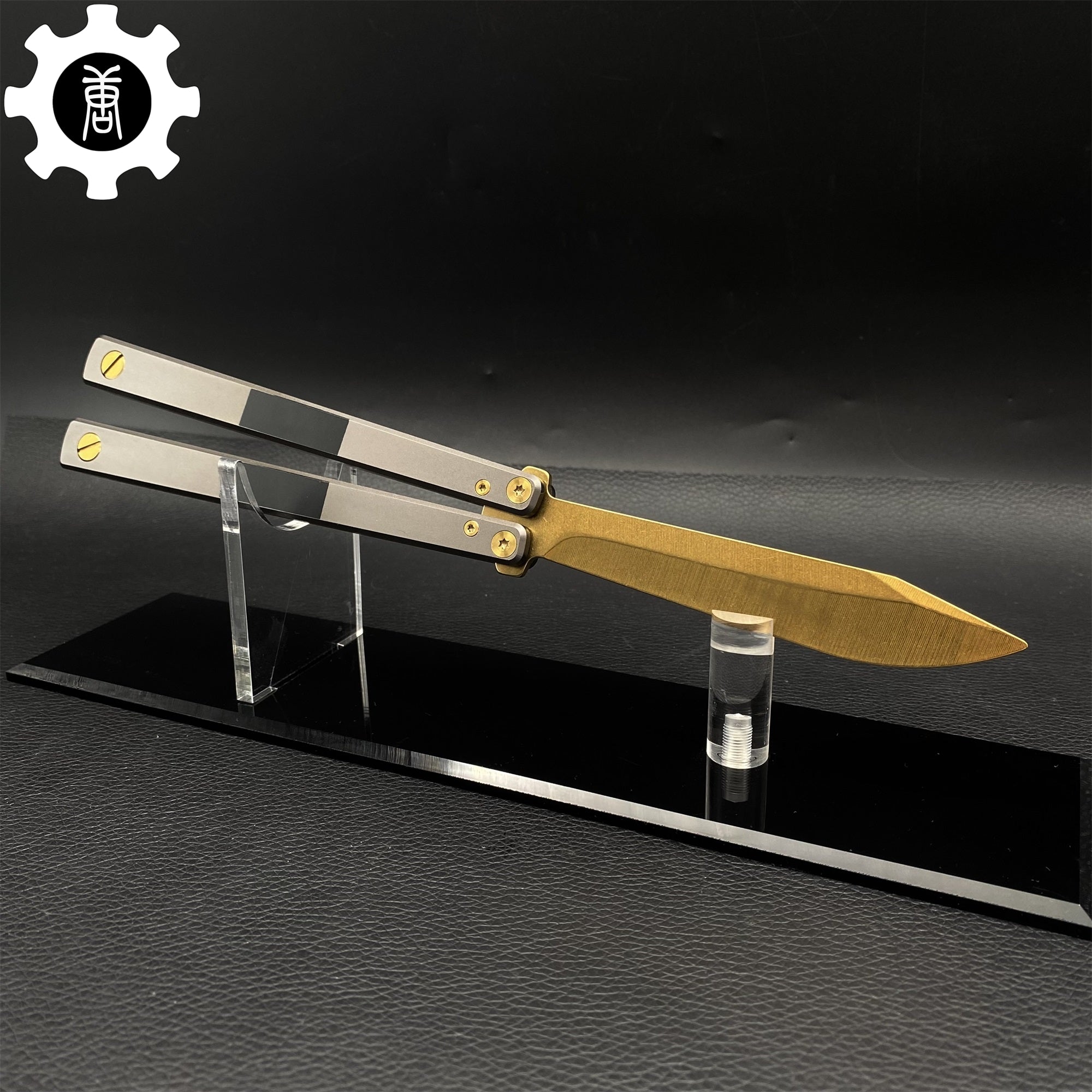 High-End TF2 Spy Knife Balisong Trainer-Blunt Blade Spy Knife Golden & Acrylic Stand - Tophatter Daily Deals
