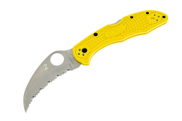 Spyderco Tasman Salt 2 - Yellow FRN Handles - Fully Serrated H2 Hawkbill Blade - C106SYL2 Folding Knives - Tophatter Daily Deals