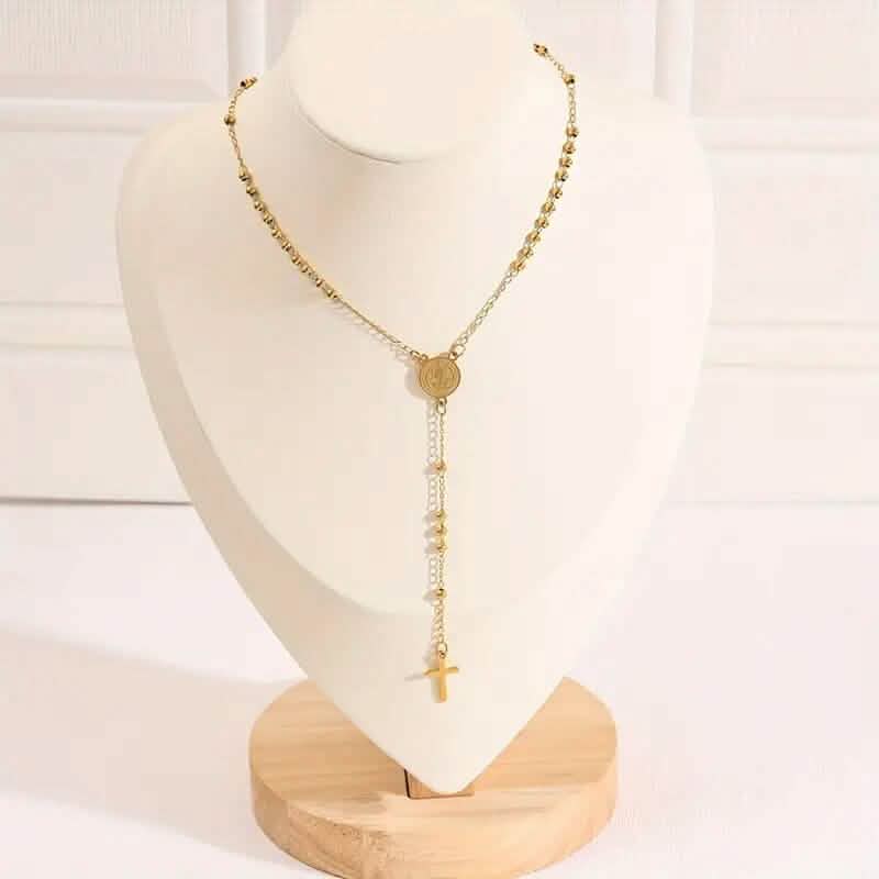 Stainless Steel St. Benedict Pattern Golden Rosary Cross Pendant Necklace Necklaces - Tophatter Daily Deals