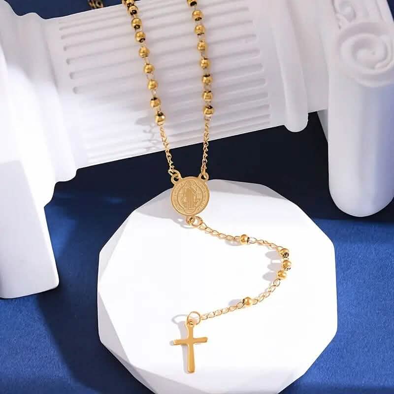 Stainless Steel St. Benedict Pattern Golden Rosary Cross Pendant Necklace Gold Necklaces - Tophatter Daily Deals