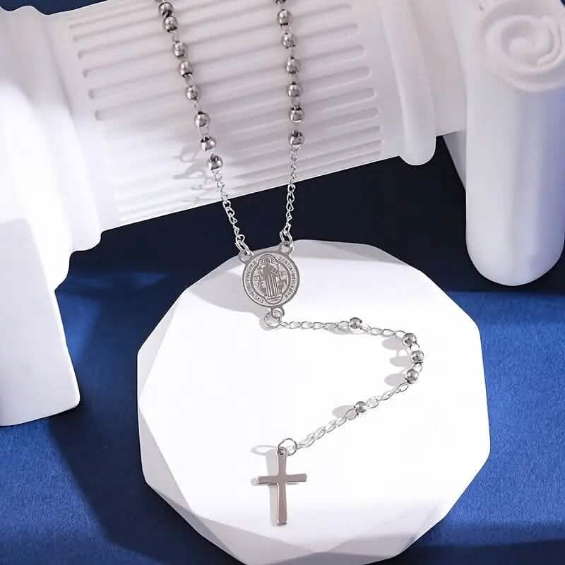 Stainless Steel St. Benedict Pattern Golden Rosary Cross Pendant Necklace Silver Necklaces - Tophatter Daily Deals
