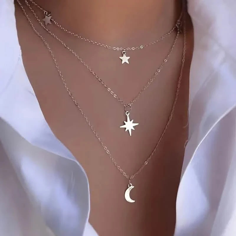 Star Moon Multi-layer Pendant Necklace Silver Necklaces - Tophatter Daily Deals