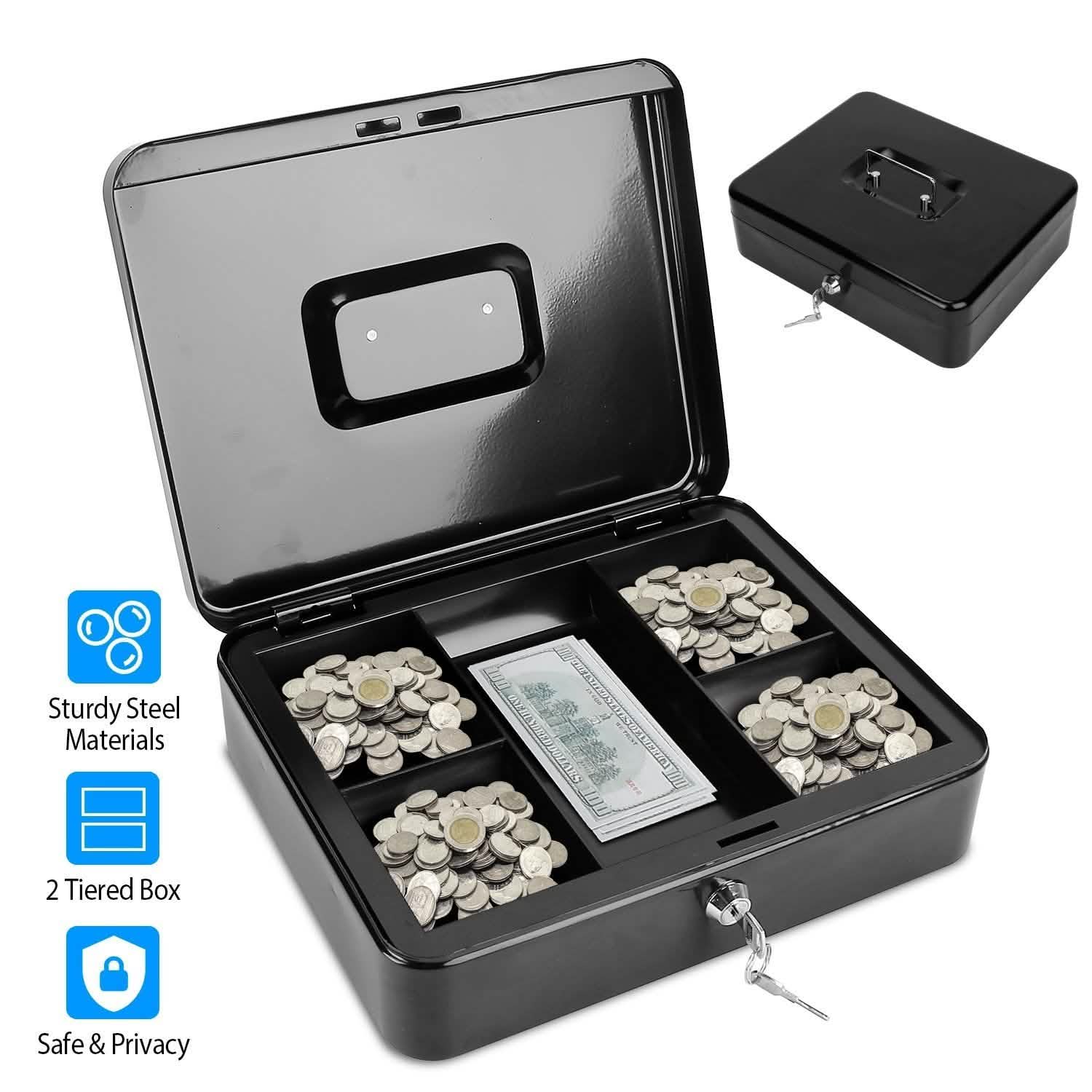 Steel Cash Box with Removable Tray Storage & Organization - Tophatter Daily Deals