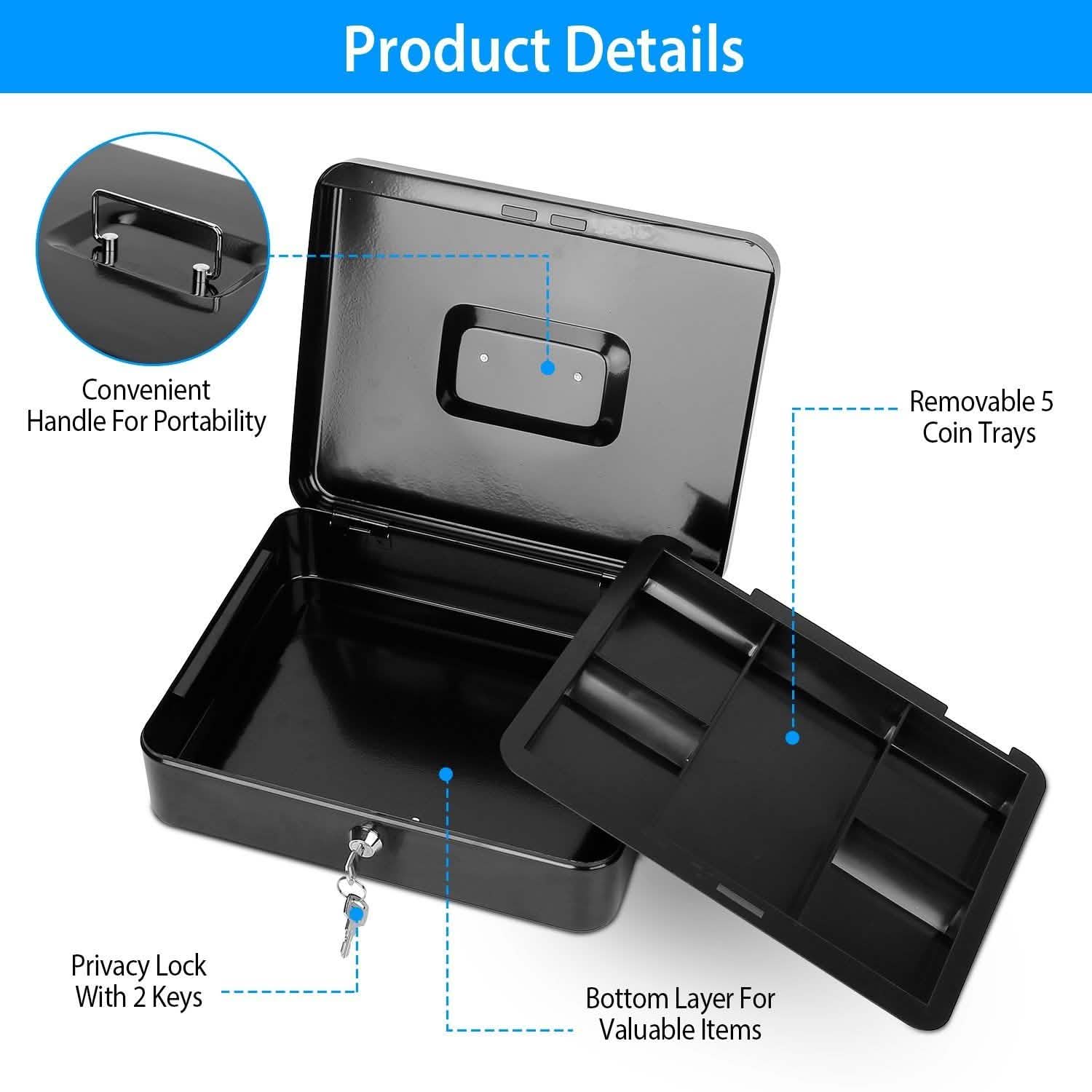 Steel Cash Box with Removable Tray Storage & Organization - Tophatter Daily Deals